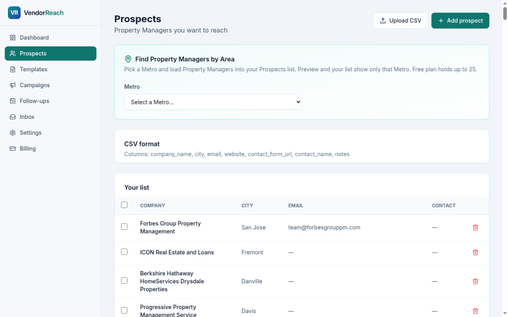 Prospects list of Property Managers