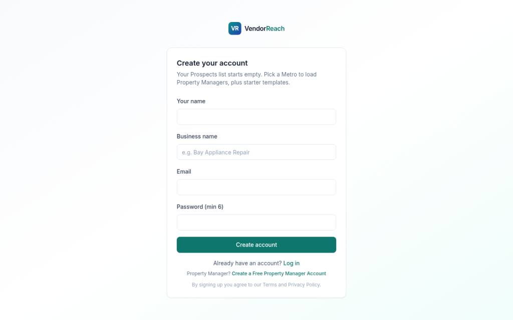 Service company signup on VendorReach
