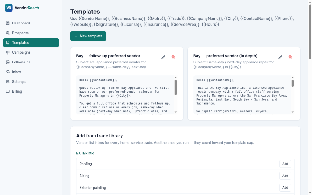Templates and vendor packet